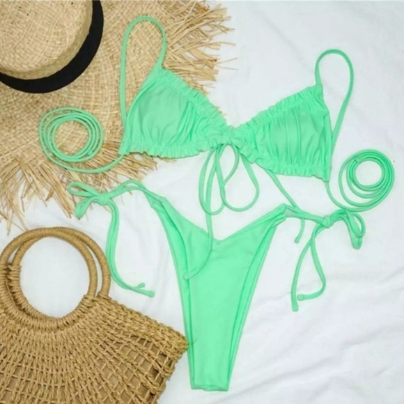 Light Green Ruched Top and Brazilian Bottom Bikini Set - Picture 5 of 6